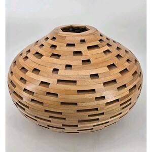 Vintage Organic Wooden Open Segmented Sculptural Vase Large Hand Crafted 15"x11"